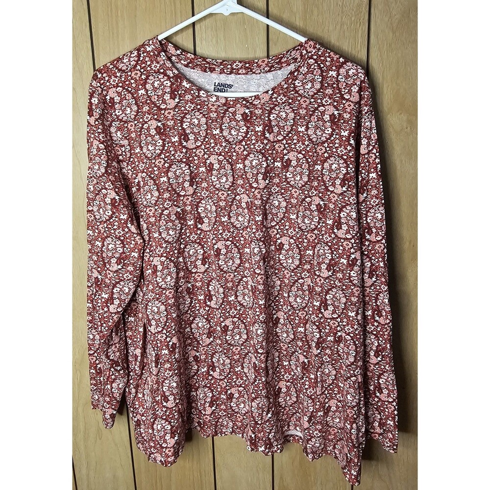 Lands’ End Women’s 2X 20W-22W Floral Paisley Long Sleeve Cotton Top Red